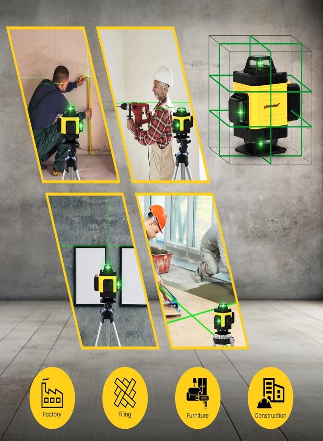 TOMAHAWK® LEV-1616-16 Lines Green Laser Level Pro - 4x360° 4D Green Cross Self-Levelling Professional Laser Line for Construction with Two 360° Vertical/Horizontal Laser Level (Yellow Edition) - Image 4